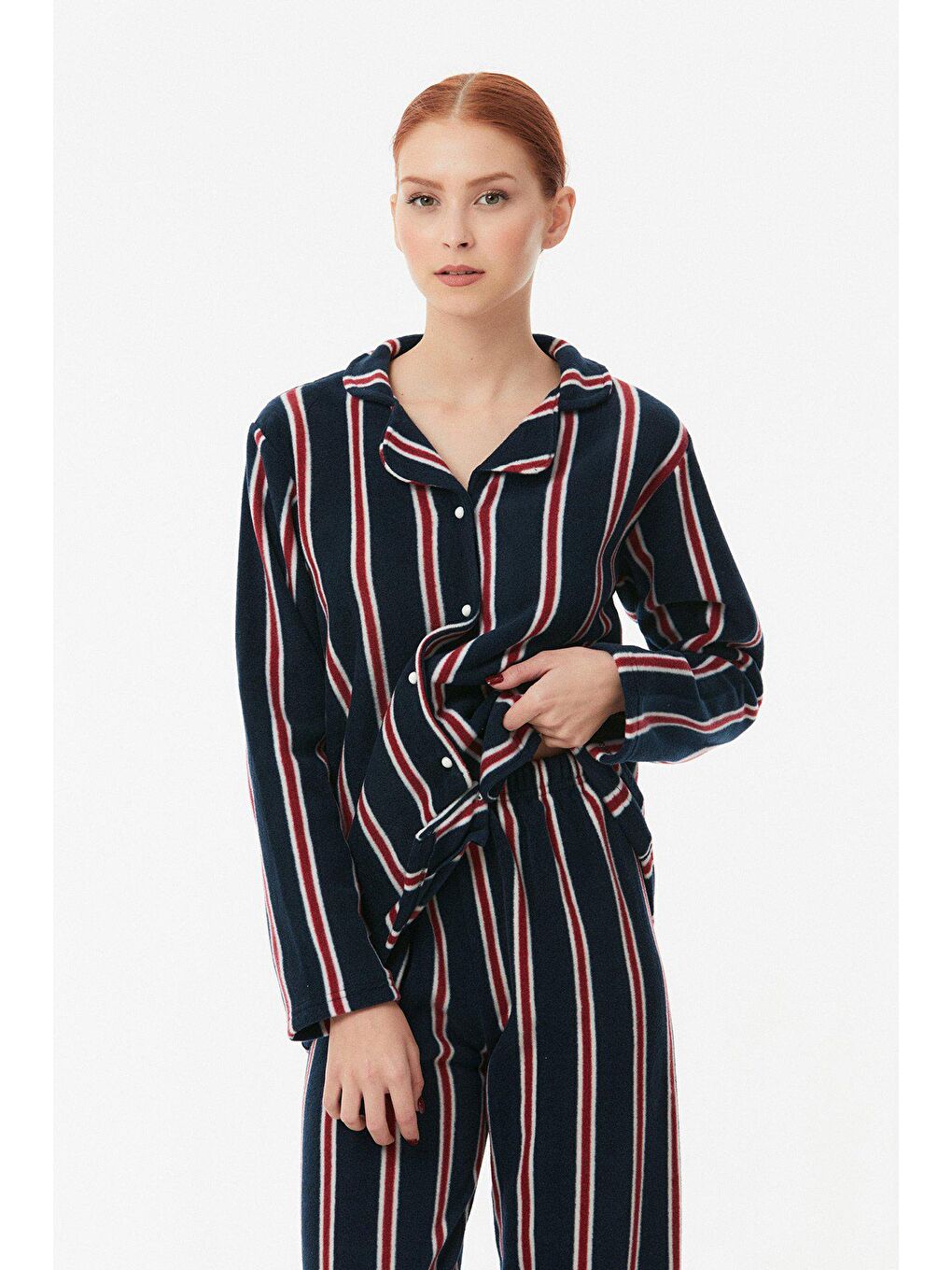 Lacivert Çizgili Düğmeli Polar Pijama Takımı-3