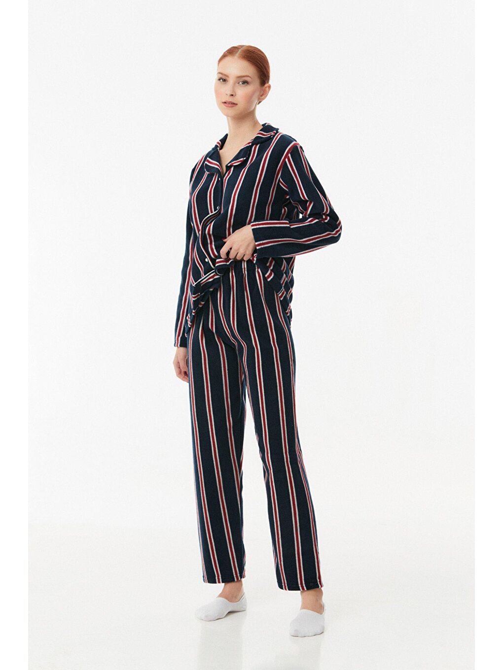 Lacivert Çizgili Düğmeli Polar Pijama Takımı-4