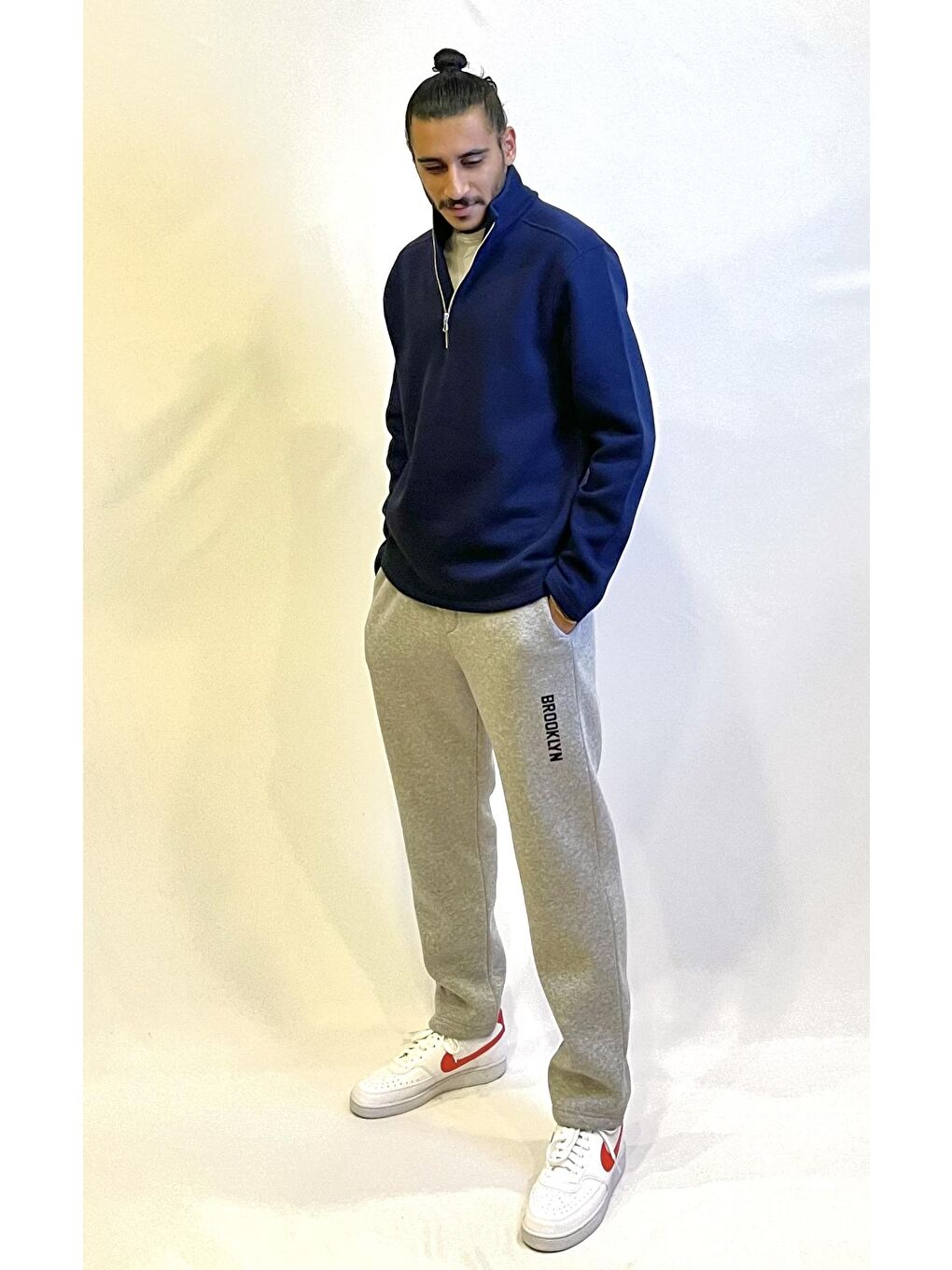 Lacivert Erkek Regular Fit İçi Polarlı 3 İplik Yarım Fermuarlı Sweatshirt spr24sw21