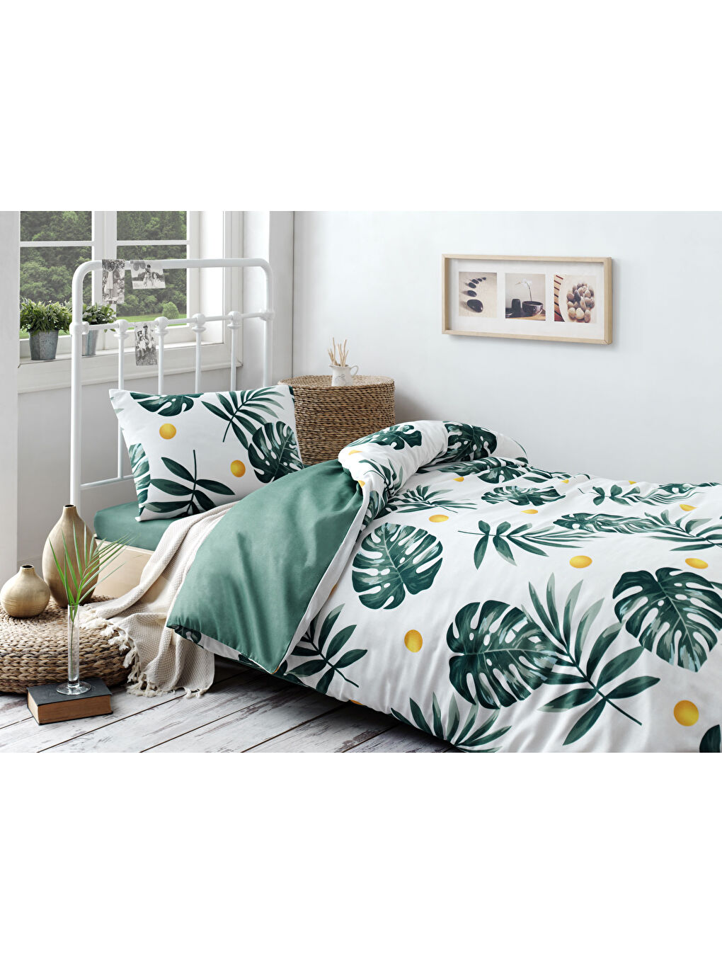 UPSTYLE Kolay Ütülenir Nevresim Takımı Tek Kişilik Monstera Yeşil