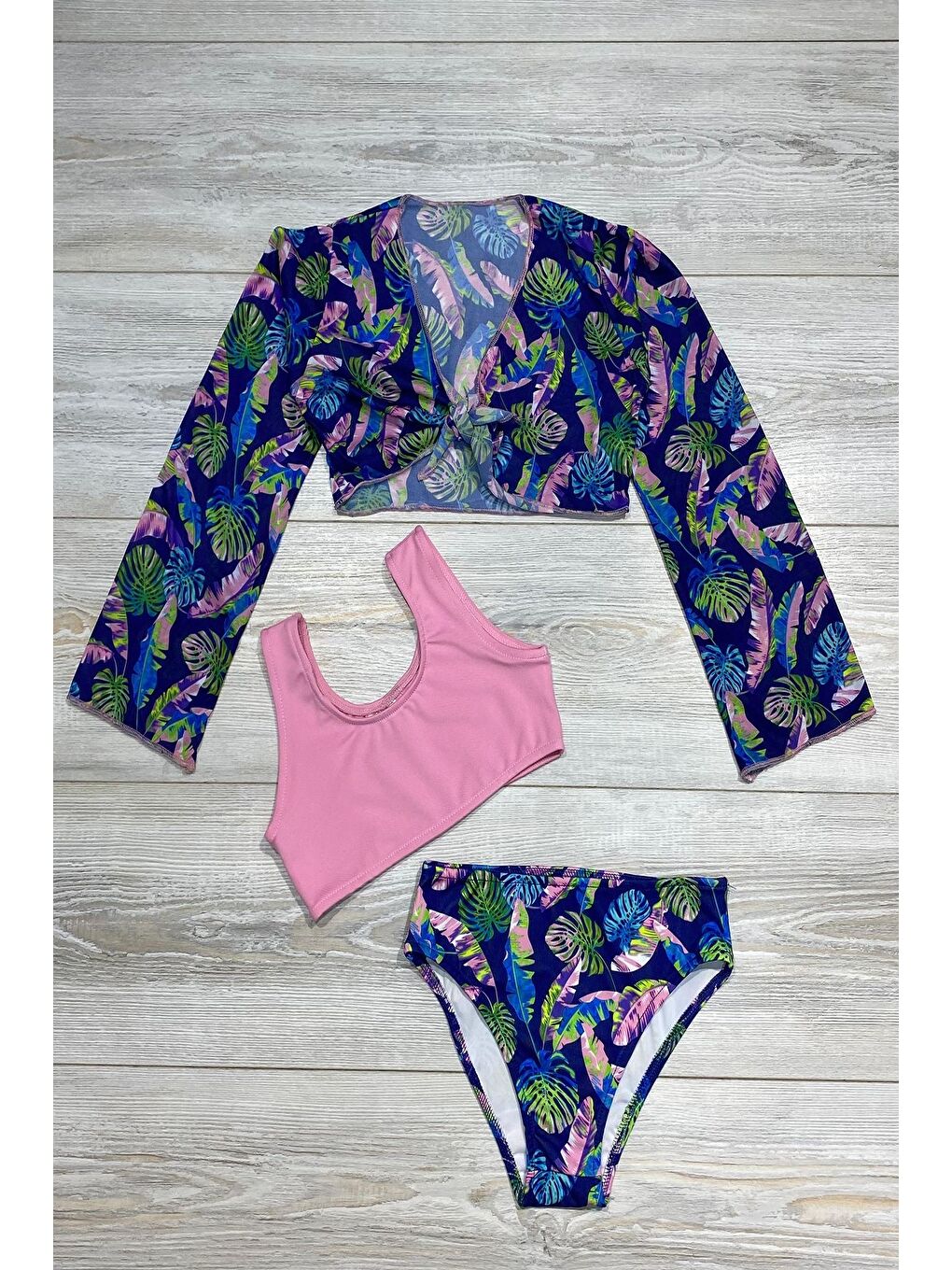 Pembe Yeni Sezon Kız Çocuk Bolerolu Bikini 3'lü Takım