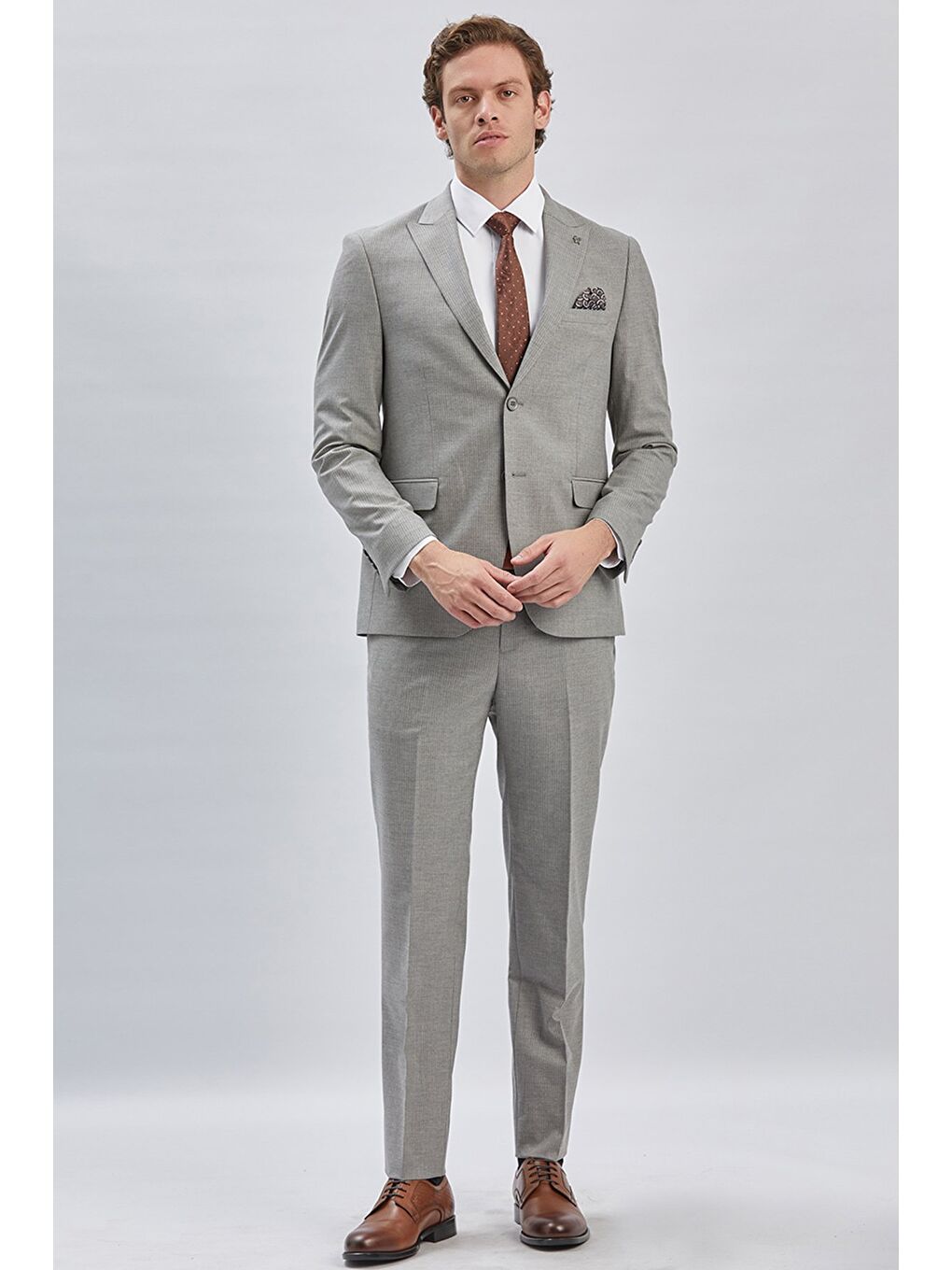 Gri Çizgili Kırlangıç Yaka Astarlı 6 Drop Slim Fit Dar Kesim Takım Elbise 1001240175