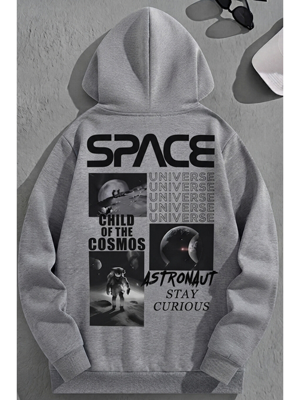 Unisex 3 İplik Pamuklu Gri Bol Kalıp Space Universe Baskı Sweatshirt Hoodie