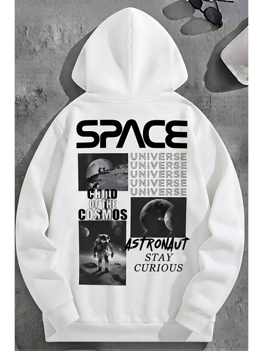 Unisex 3 İplik Pamuklu Beyaz Bol Kalıp Space Universe Baskı Sweatshirt Hoodie