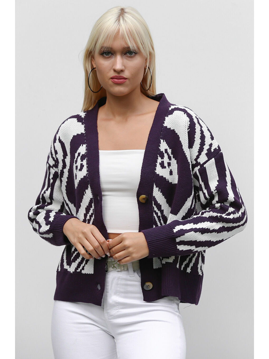 Kadın Koyu Mor Uzun Kol Düğmeli Midi Oversize Akrilik Triko Hırka-4