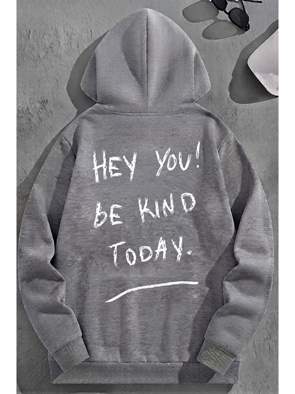 Unisex 3 İplik Pamuklu Gri Bol Kalıp Hey You! Baskı Sweatshirt Hoodie