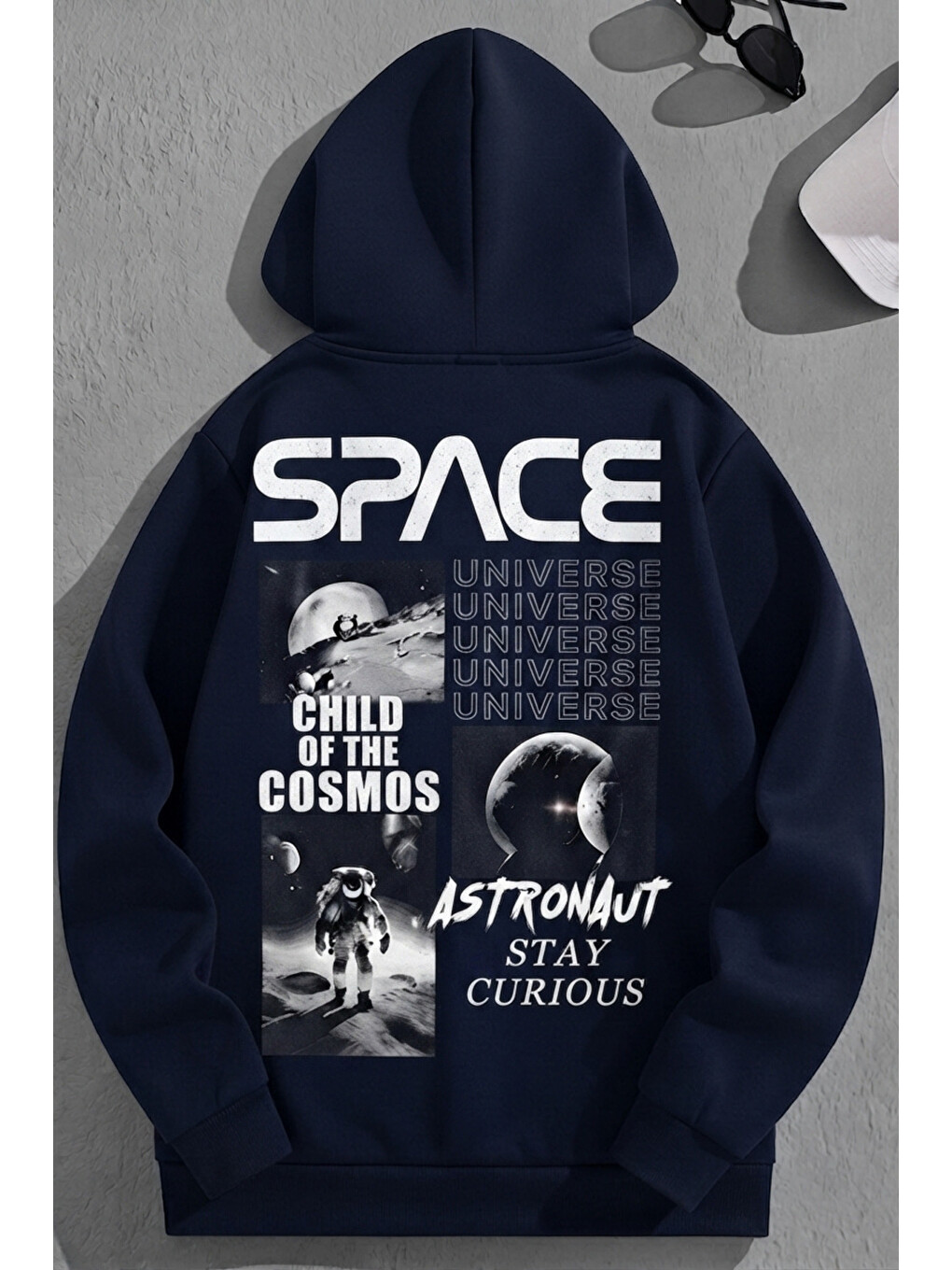 Unisex 3 İplik Pamuklu Lacivert Bol Kalıp Space Universe Baskı Sweatshirt Hoodie