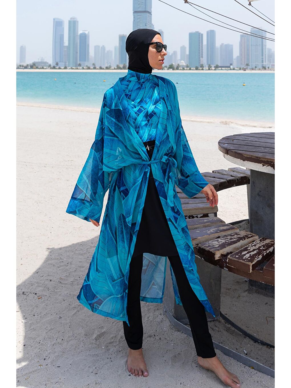 Mavi Tesettür Mayo Üzerine Tek Kaftan Kimono Pareo RP014 Berrin