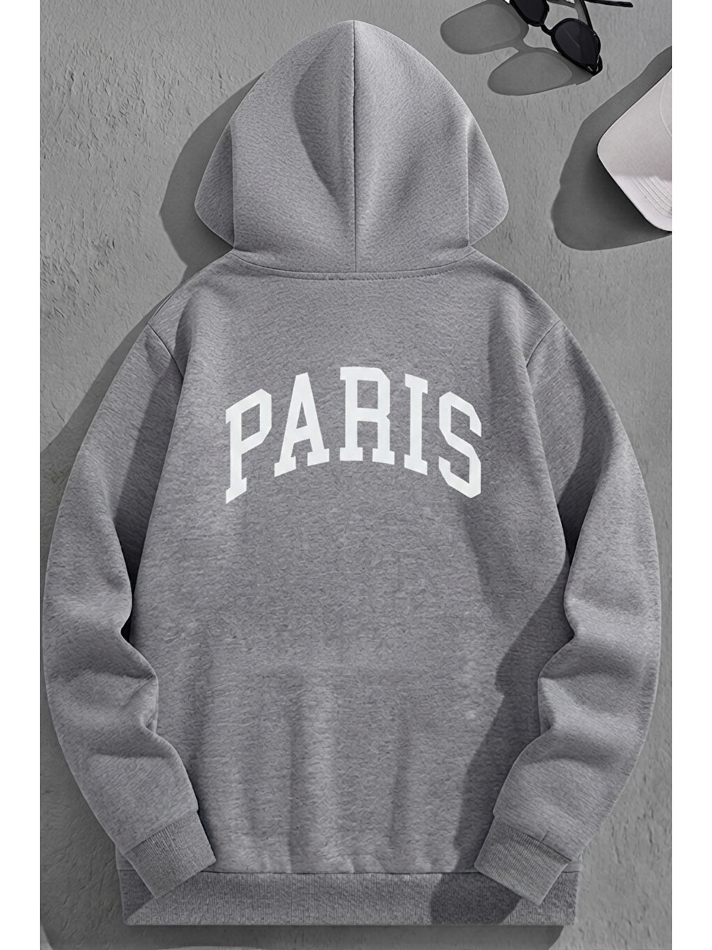 Unisex 3 İplik Pamuklu Gri Bol Kalıp Kavis Paris Baskı Sweatshirt Hoodie