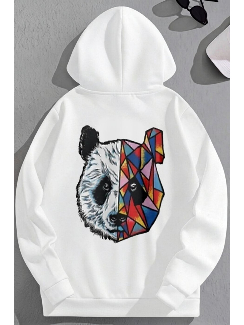 Unisex 3 İplik Pamuklu Beyaz Bol Kalıp Colorful Bear Baskı Sweatshirt Hoodie