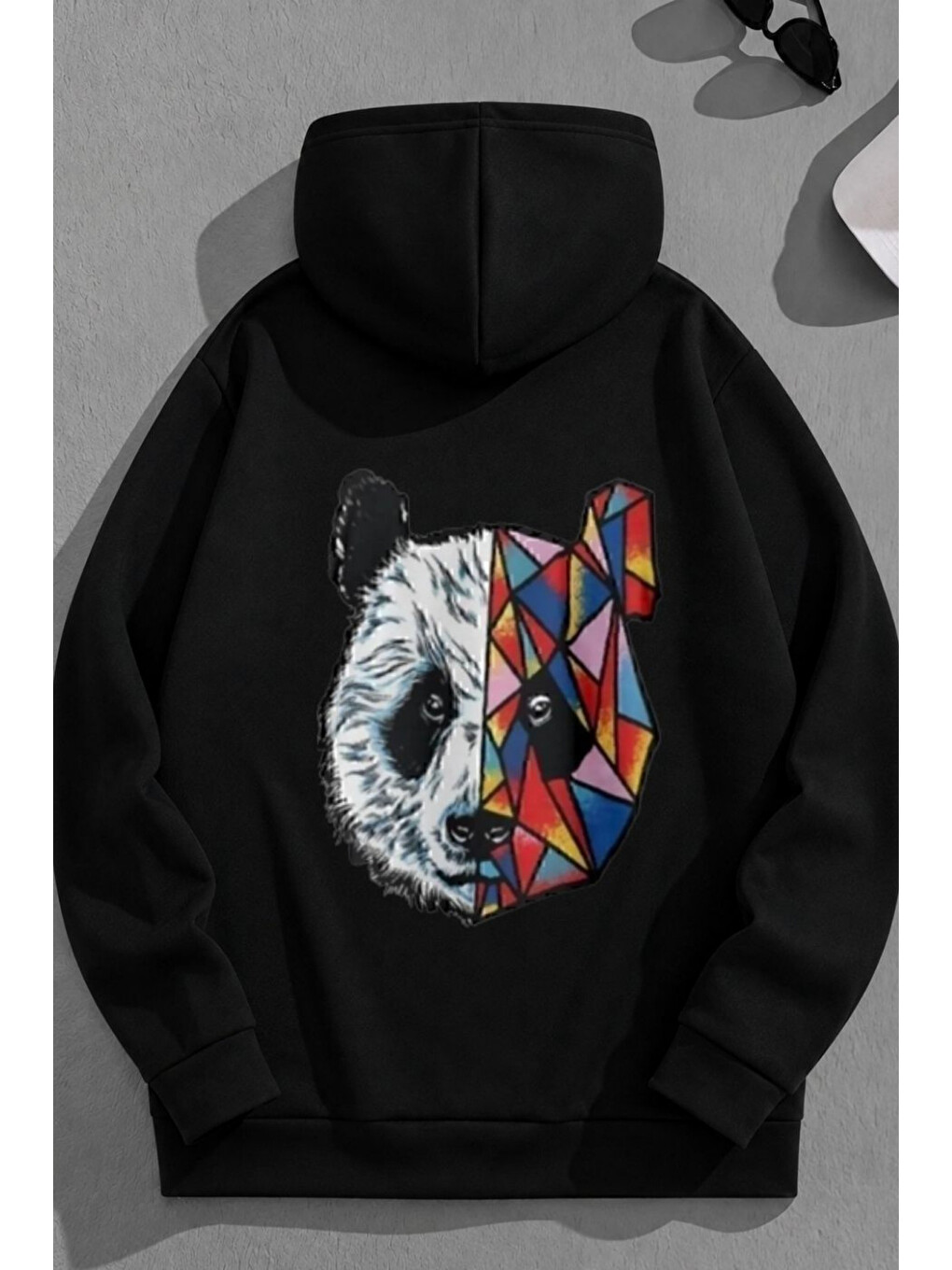 Unisex 3 İplik Pamuklu Siyah Bol Kalıp Colorful Bear Baskı Sweatshirt Hoodie