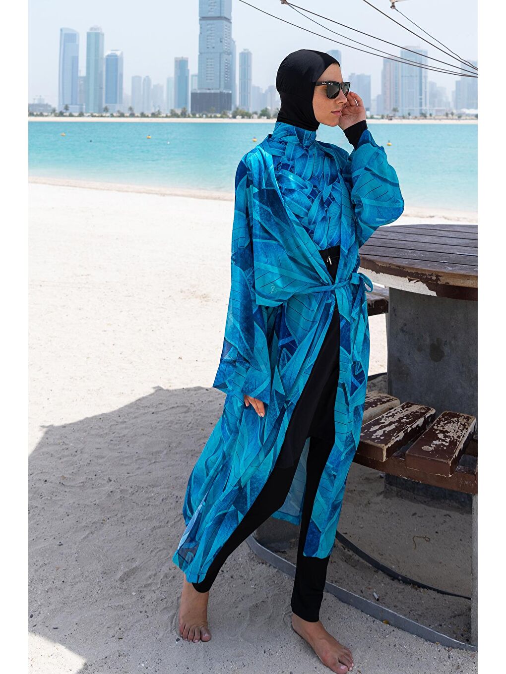 Mavi Tesettür Mayo Üzerine Tek Kaftan Kimono Pareo RP014 Berrin-1