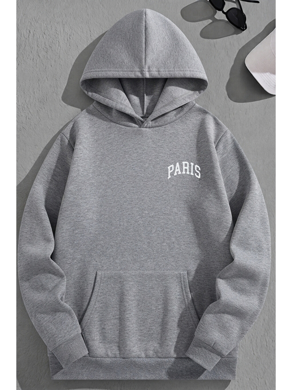 Unisex 3 İplik Pamuklu Gri Bol Kalıp Kavis Paris Baskı Sweatshirt Hoodie-1