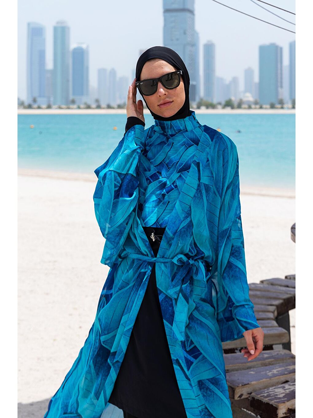 Mavi Tesettür Mayo Üzerine Tek Kaftan Kimono Pareo RP014 Berrin-2