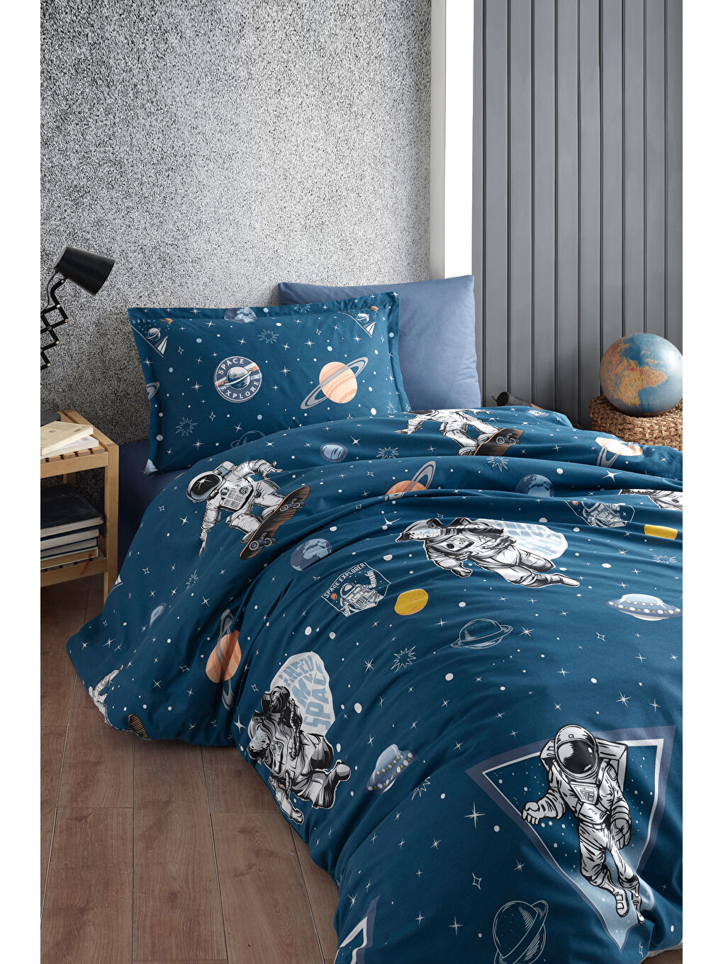 %100 Pamuk Tek Kişilik Nevresim Seti Galaxy Lacivert-1