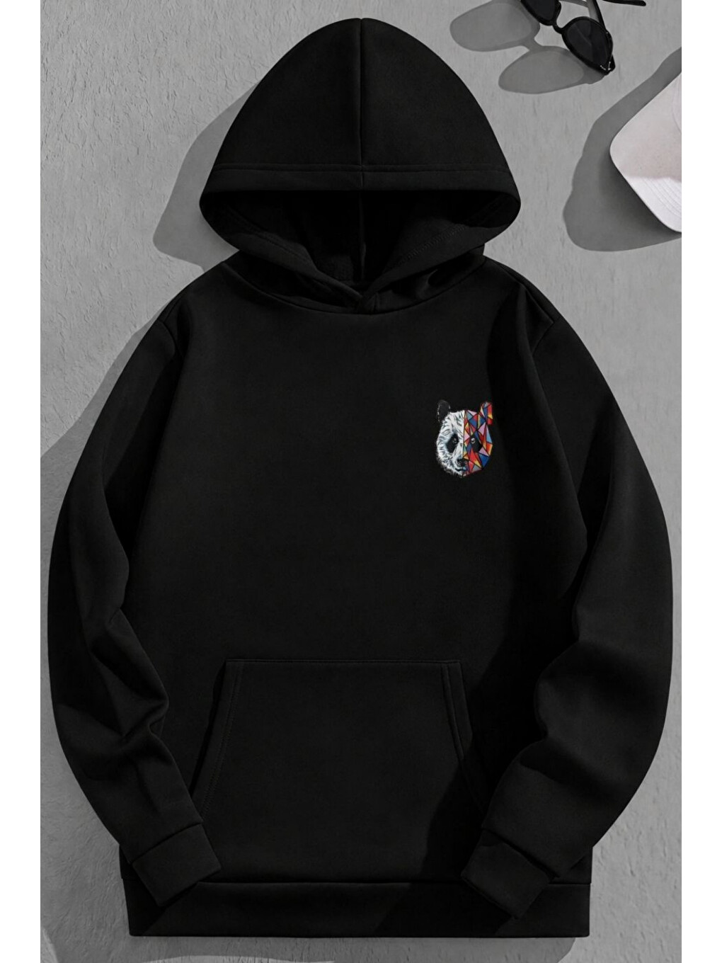 Unisex 3 İplik Pamuklu Siyah Bol Kalıp Colorful Bear Baskı Sweatshirt Hoodie-1
