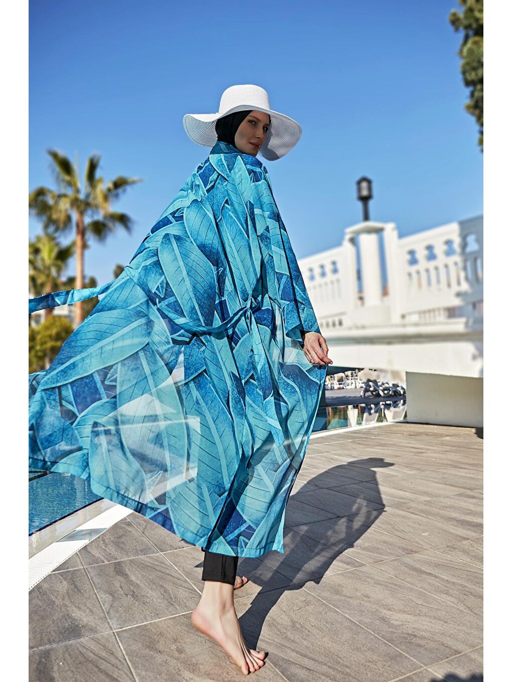 Mavi Tesettür Mayo Üzerine Tek Kaftan Kimono Pareo RP014 Berrin-3
