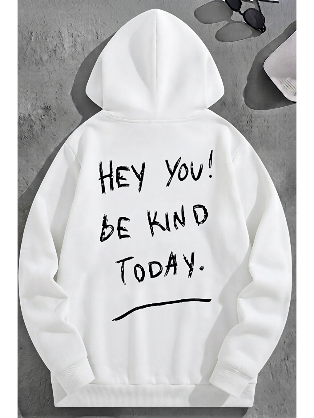 Unisex 3 İplik Pamuklu Beyaz Bol Kalıp Hey You! Baskı Sweatshirt Hoodie