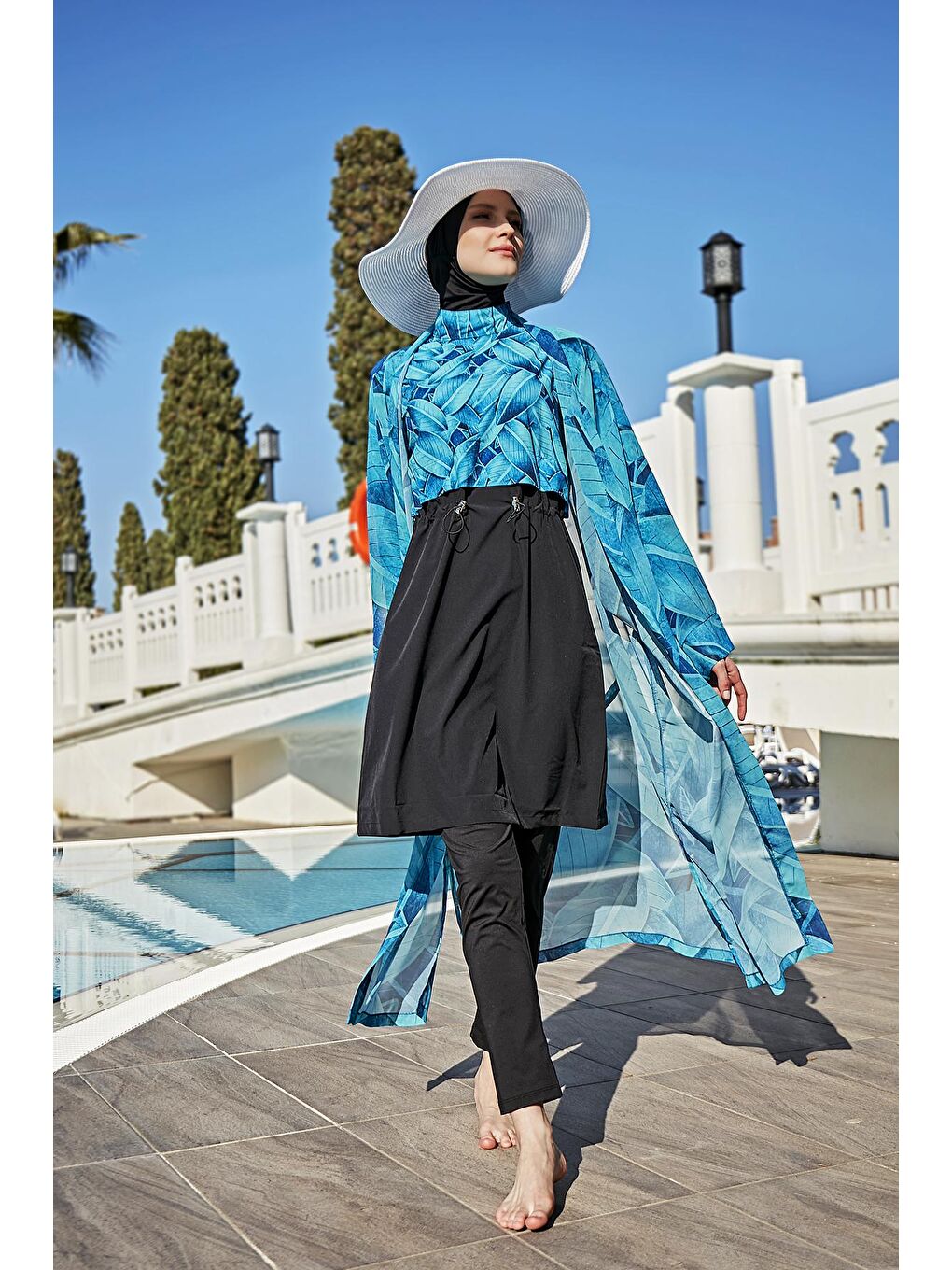 Mavi Tesettür Mayo Üzerine Tek Kaftan Kimono Pareo RP014 Berrin-4