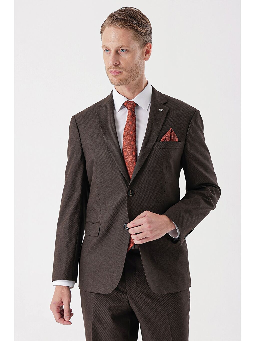 Kahverengi Desenli Armürlü Mono Yaka 4 Drop Comfort Fit Rahat Kesim Klasik Takım Elbise 1001235150