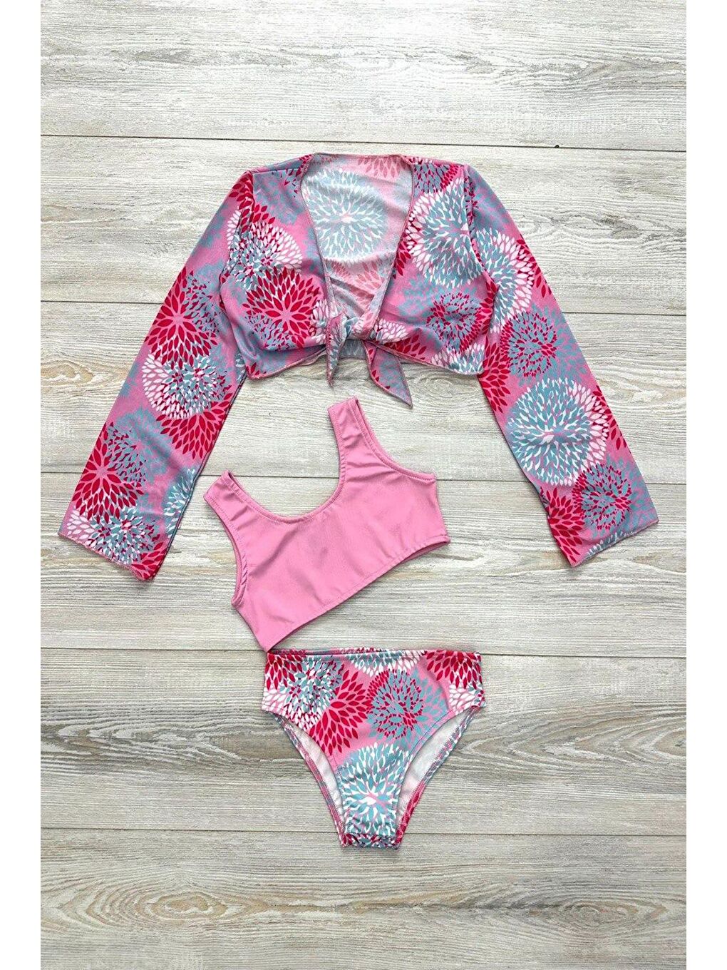 Pembe Yeni Sezon Kız Çocuk Bolerolu Bikini 3'lü Takım