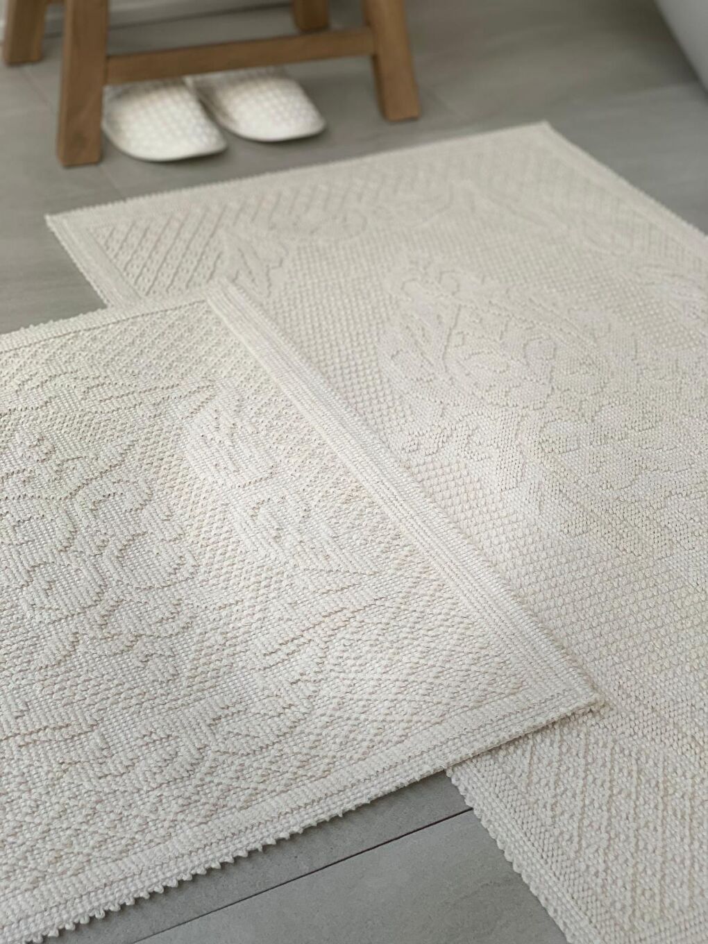 Bluenity Ekru Raya Damask Doğal Pamuklu 2'li Banyo Paspası 60x100+50x60 Cm - Ekru - 1