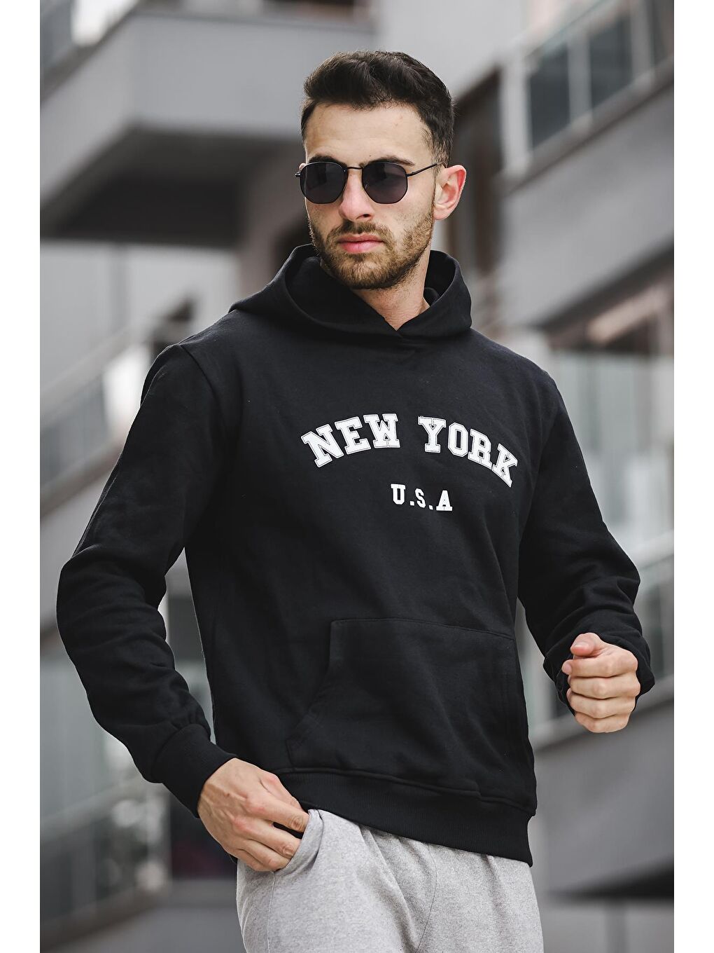 Oksit Siyah Newyork Ön Baskılı Pamuklu Erkek Sweatshirt