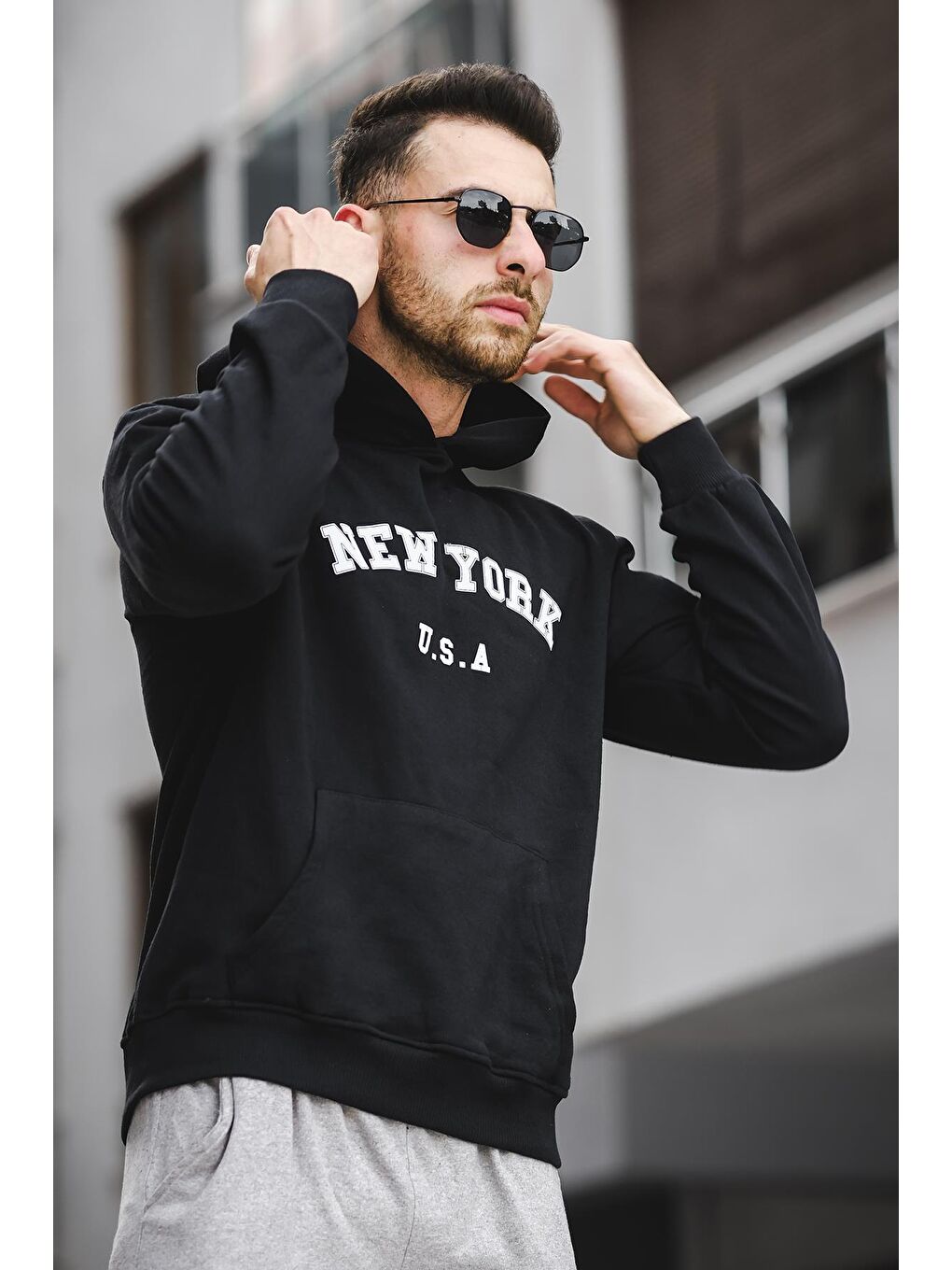 Oksit Siyah Newyork Ön Baskılı Pamuklu Erkek Sweatshirt - 1