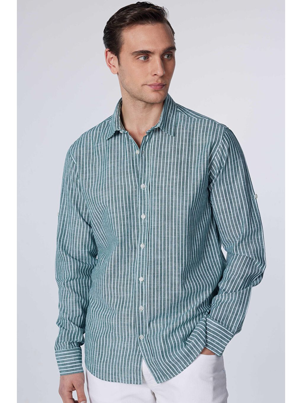 Karışık Erkek Regular Fit Klasik Kesim %100 Pamuk Keten Doku Çizgili Gömlek