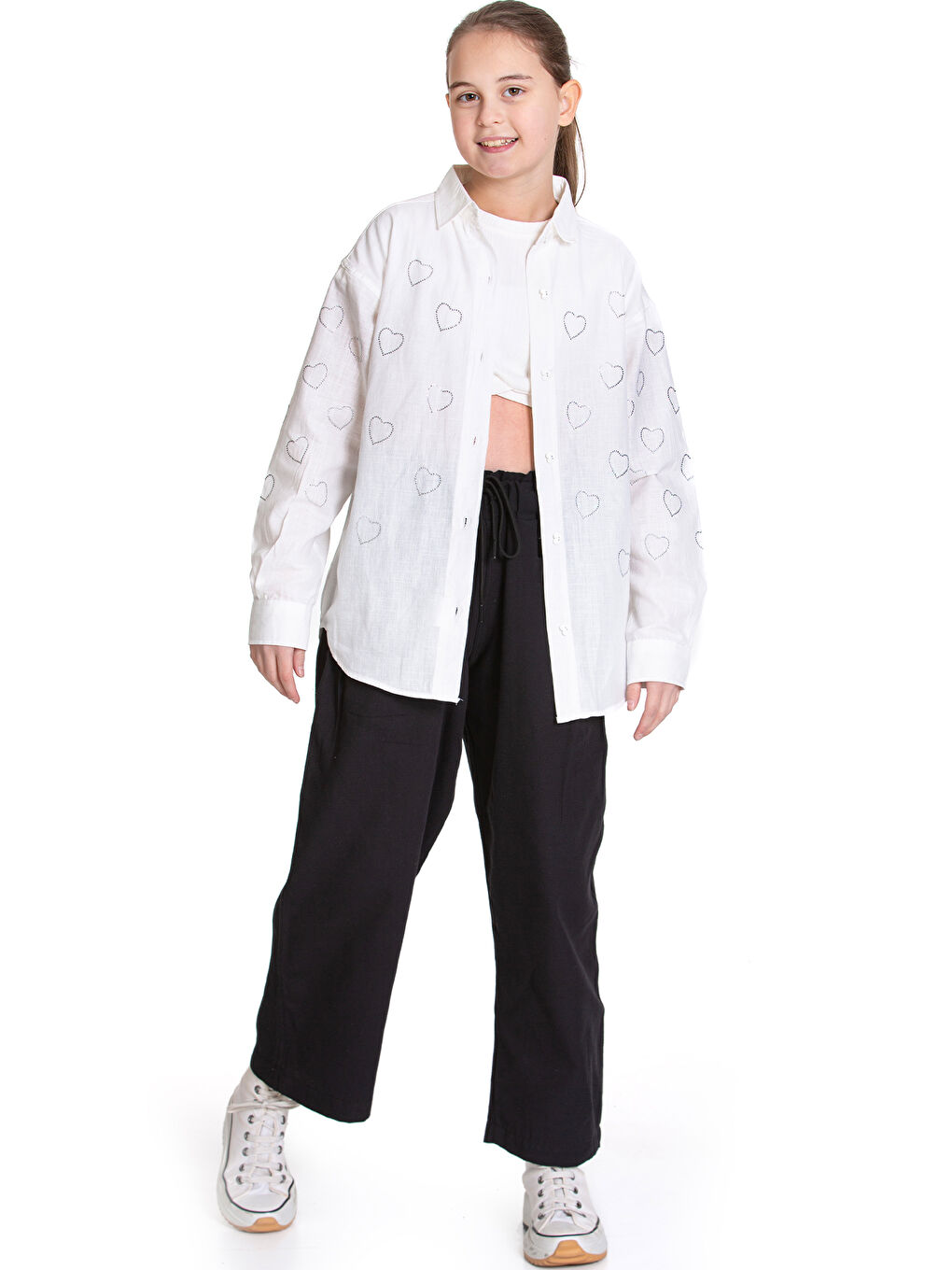 Beyaz Kız Çocuk 2'li Alt-Üst Takım (Pantolon+Gömlek) P1095-1