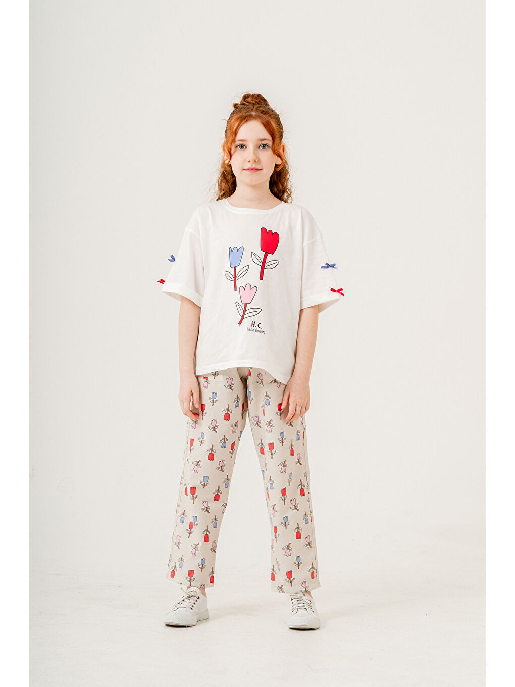 Kırmızı Kız Çocuk Lale Baskılı Alt-Üst Takım (Pantolon+Tişört) P1011