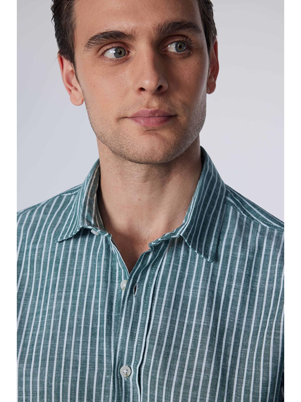 Karışık Erkek Regular Fit Klasik Kesim %100 Pamuk Keten Doku Çizgili Gömlek-2