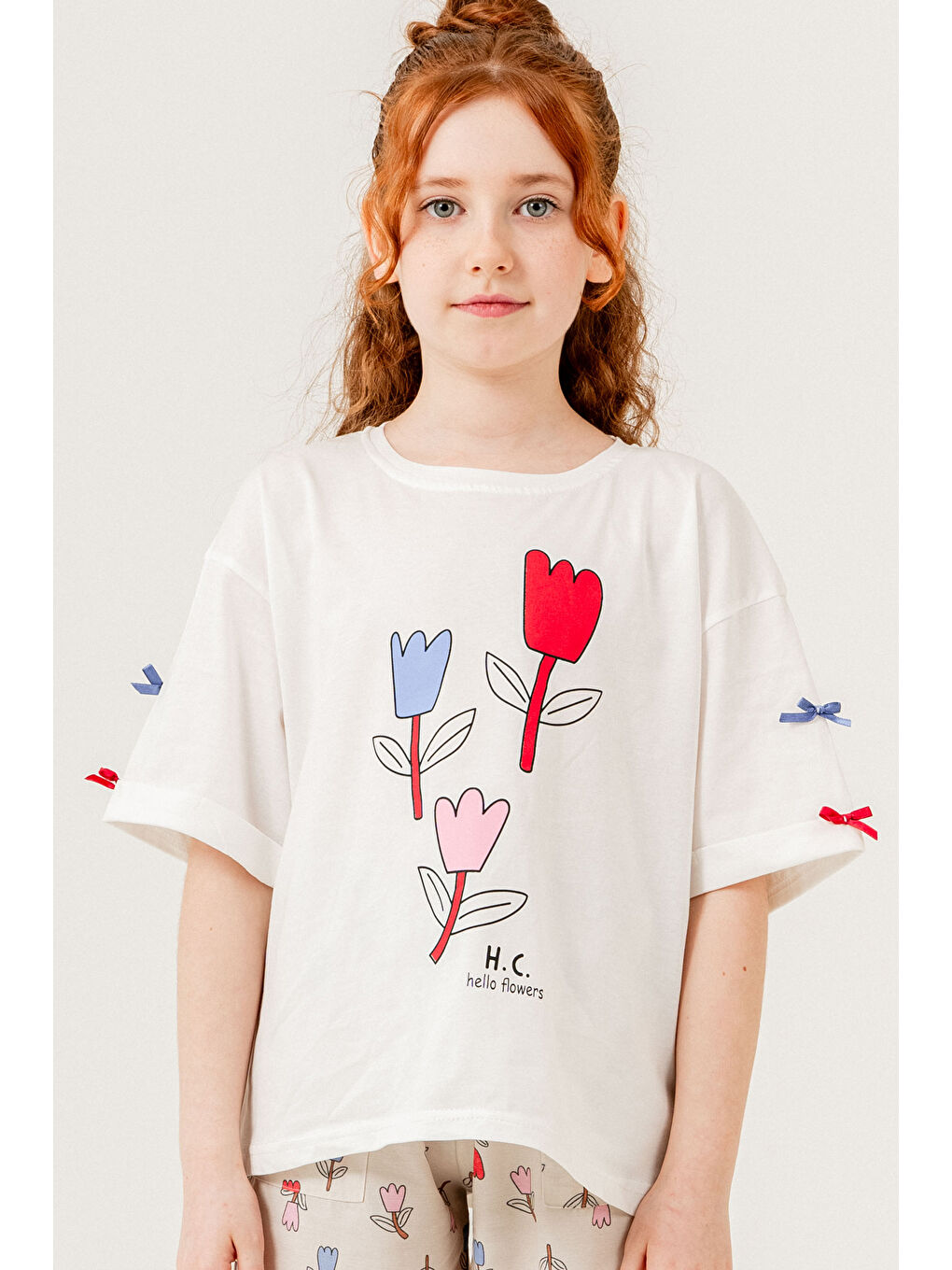 Kırmızı Kız Çocuk Lale Baskılı Alt-Üst Takım (Pantolon+Tişört) P1011-3