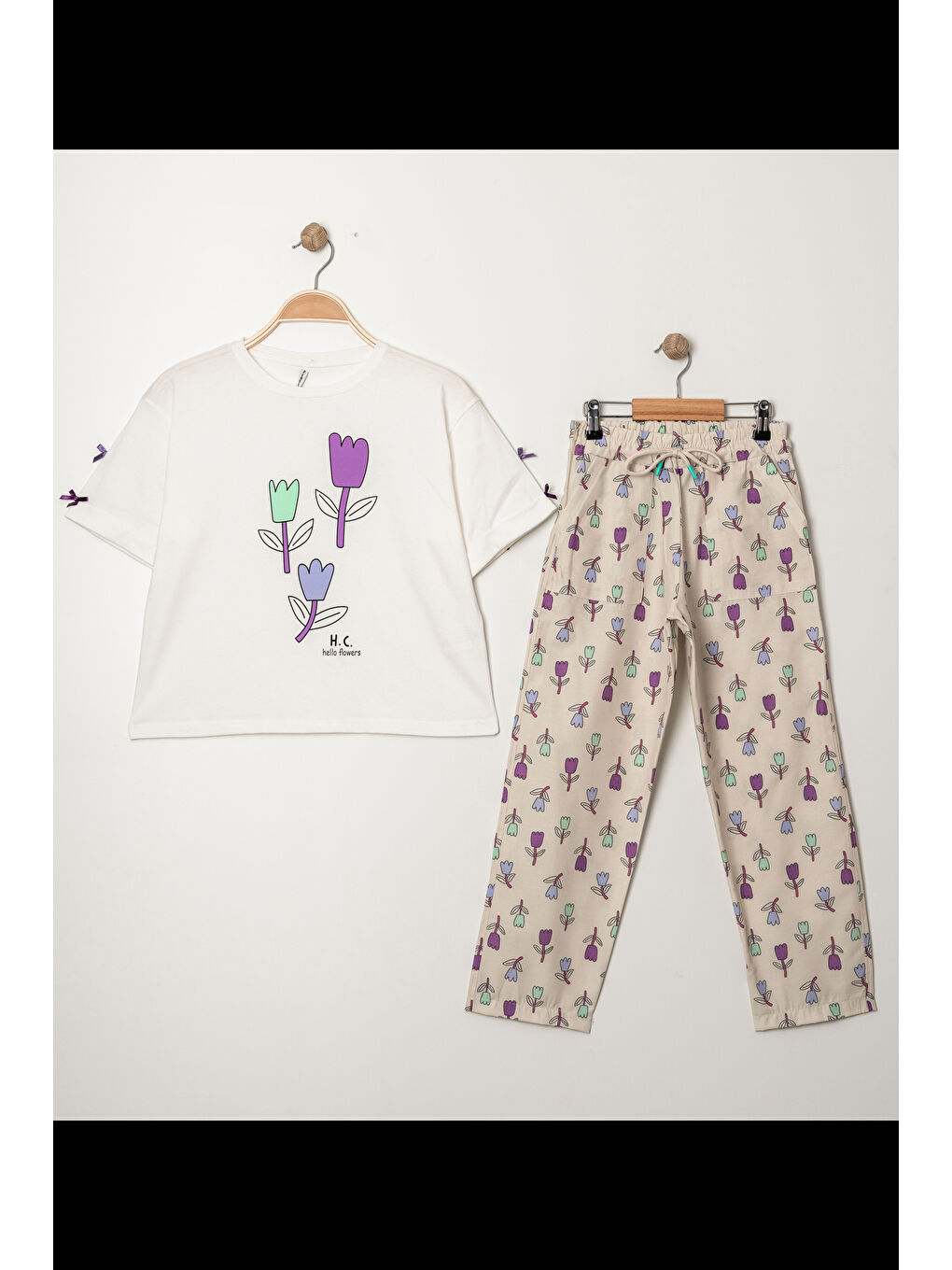 Lila Kız Çocuk Lale Baskılı Alt-Üst Takım (Pantolon+Tişört) P1011