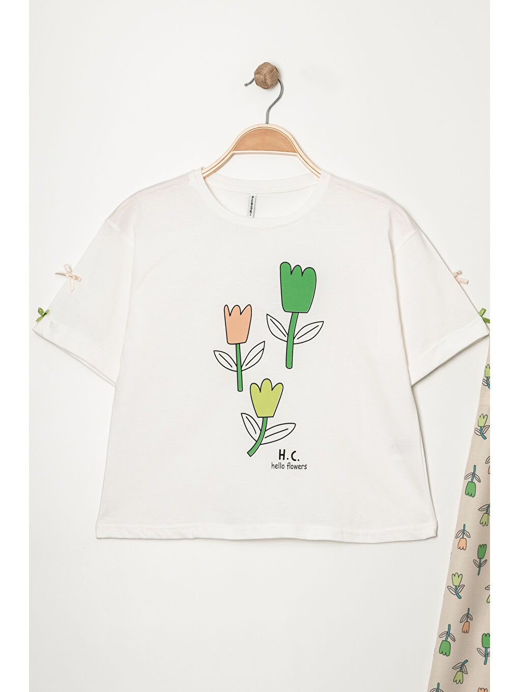 Yeşil Kız Çocuk Lale Baskılı Alt-Üst Takım (Pantolon+Tişört) P1011-1