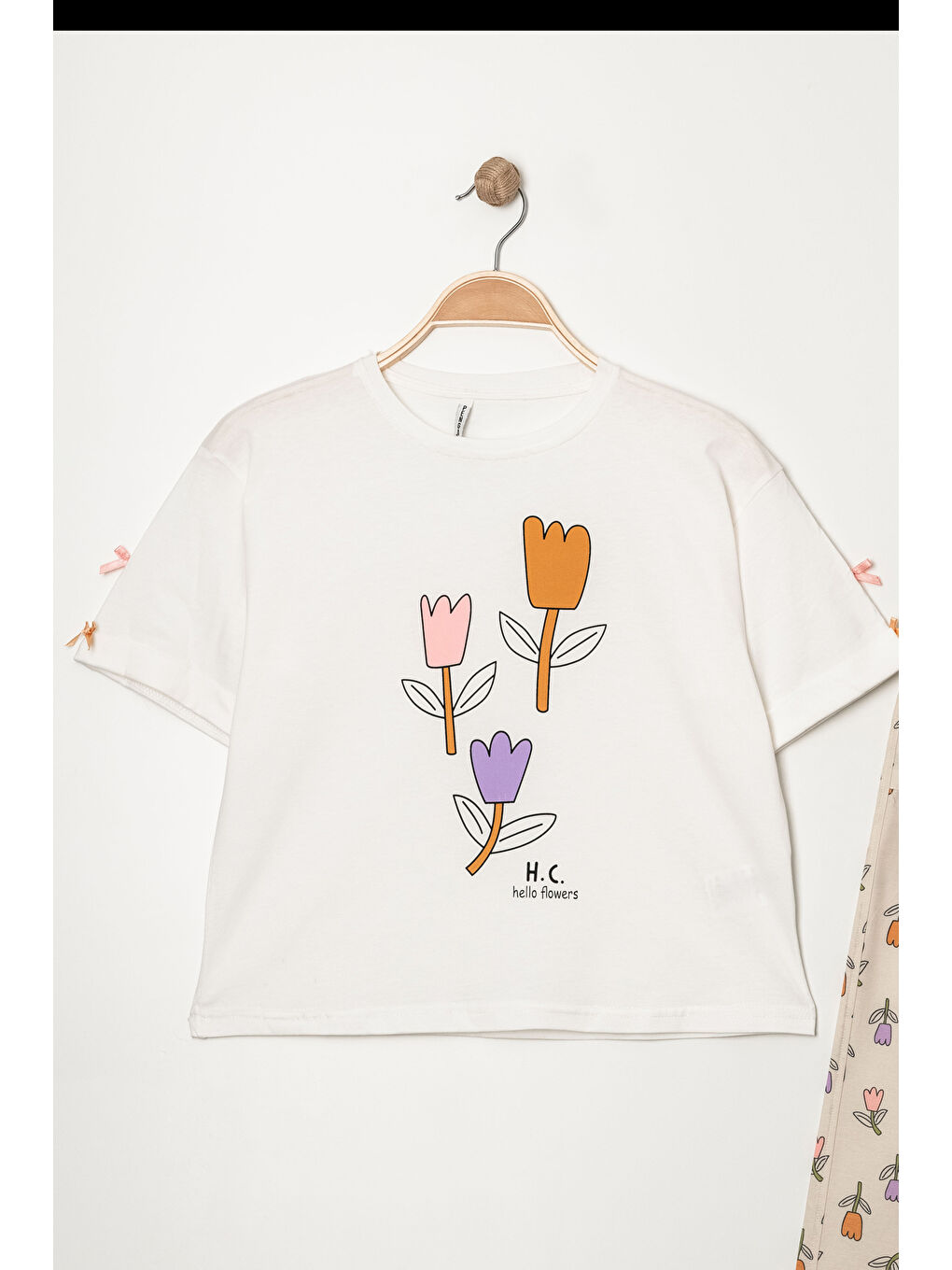 Kahverengi Kız Çocuk Lale Baskılı Alt-Üst Takım (Pantolon+Tişört) P1011-1