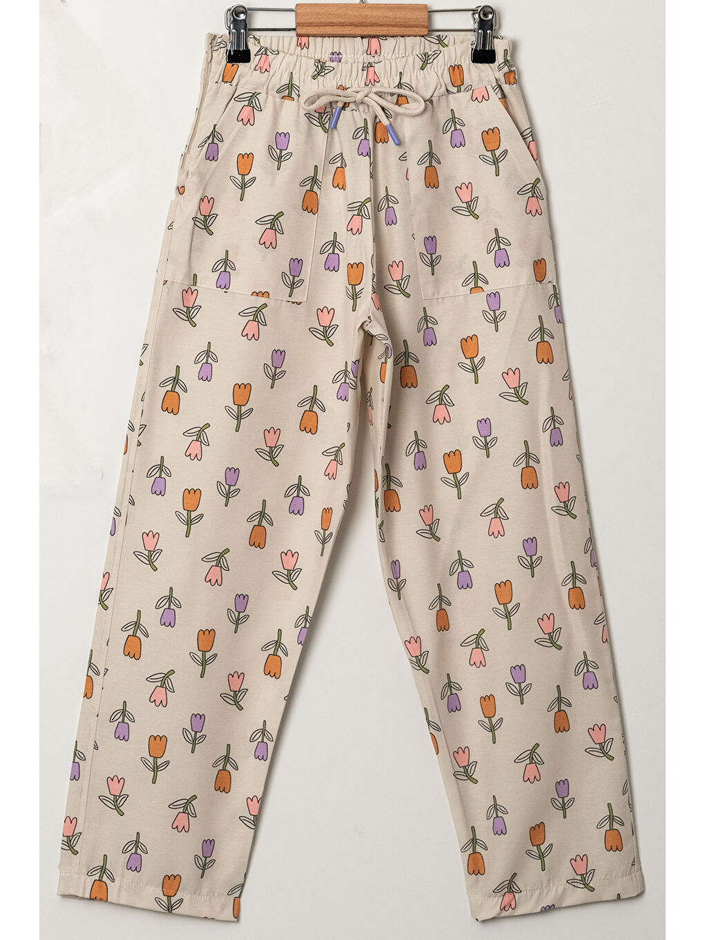 Kahverengi Kız Çocuk Lale Baskılı Alt-Üst Takım (Pantolon+Tişört) P1011-2