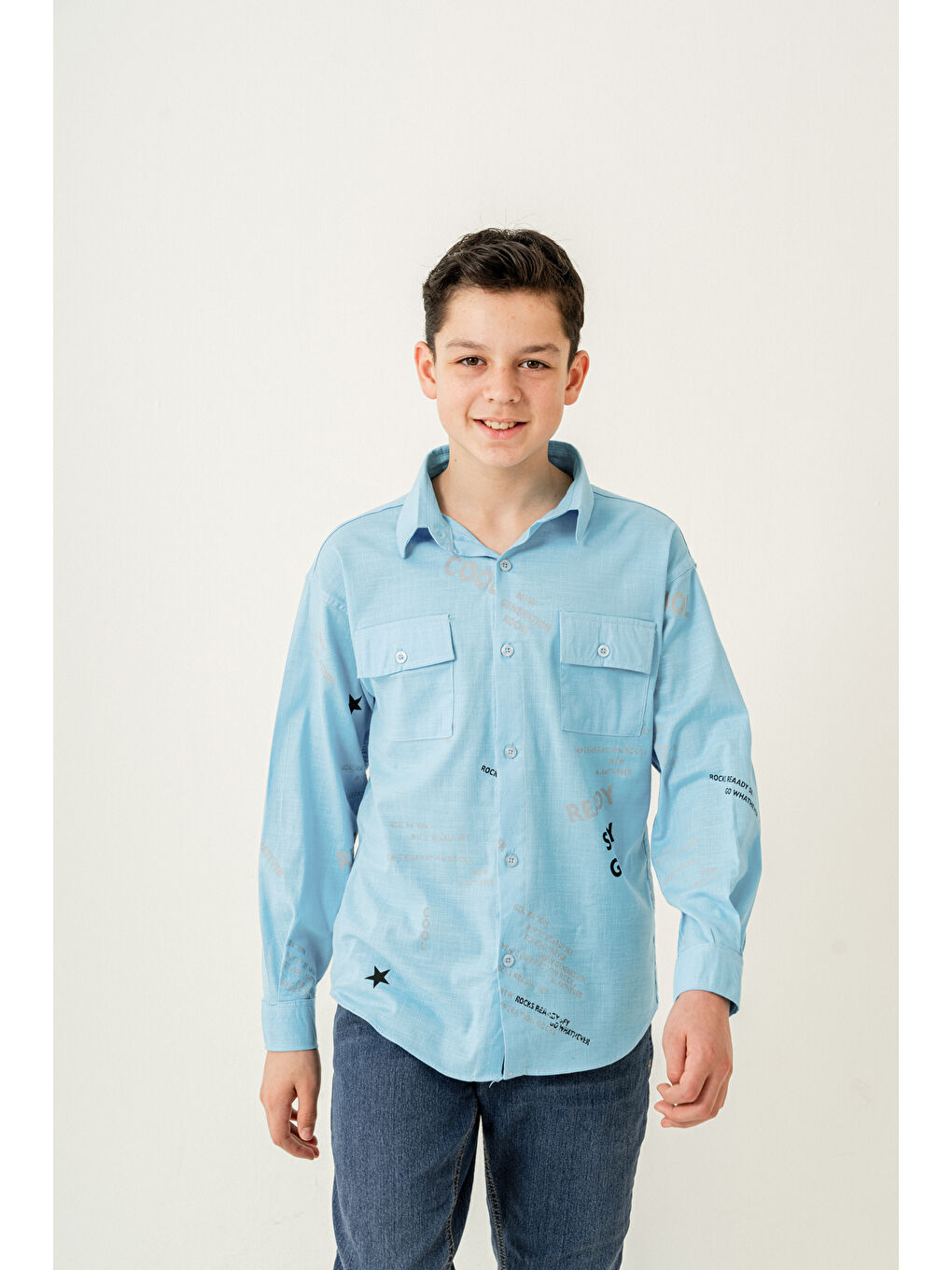 Mavi Erkek Çocuk Çift Cepli Keten Gömlek P1098