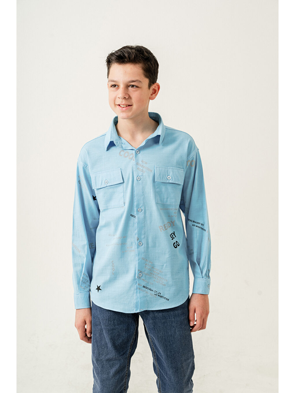 Mavi Erkek Çocuk Çift Cepli Keten Gömlek P1098-1