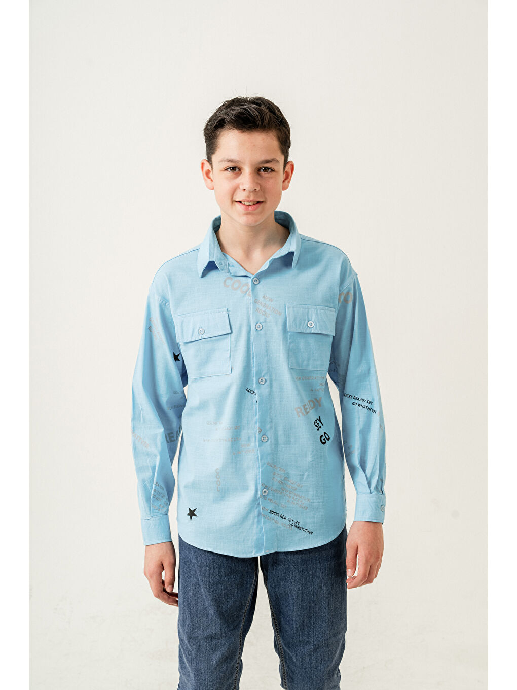 Mavi Erkek Çocuk Çift Cepli Keten Gömlek P1098-2