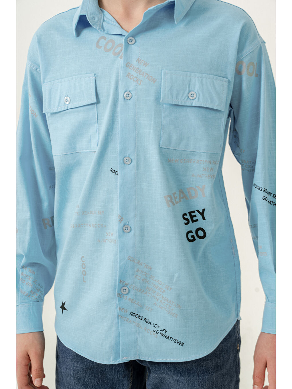 Mavi Erkek Çocuk Çift Cepli Keten Gömlek P1098-3