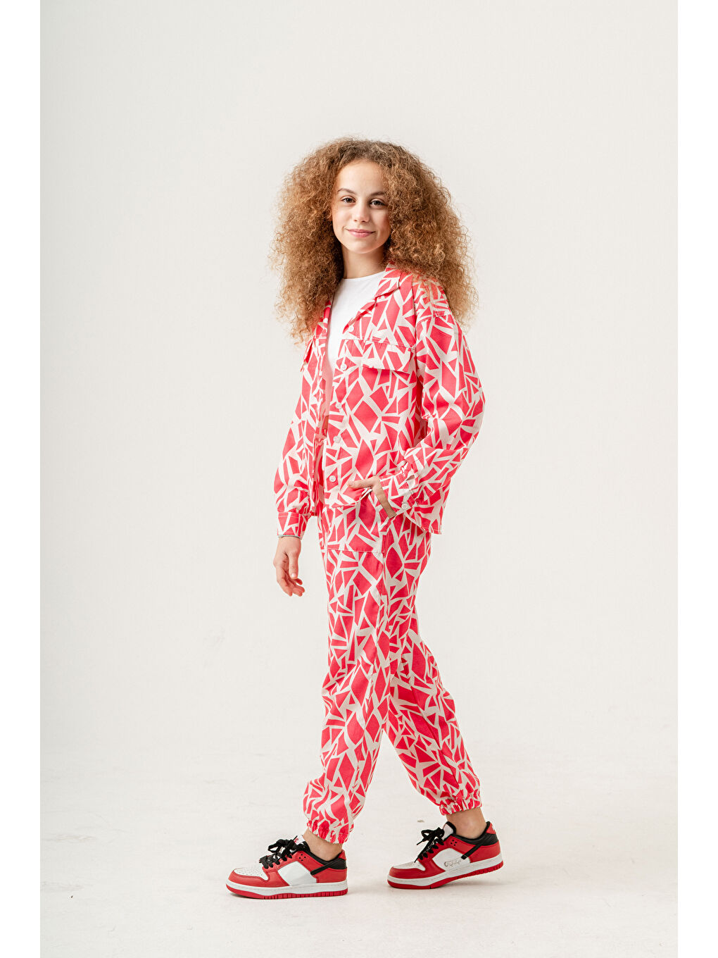 Fuşya Kız Çocuk Rotasyon Desenli Alt-Üst Takım (Jogger Pantolon+Gömlek) P1019