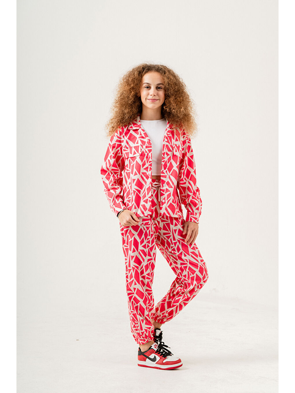 Fuşya Kız Çocuk Rotasyon Desenli Alt-Üst Takım (Jogger Pantolon+Gömlek) P1019-1