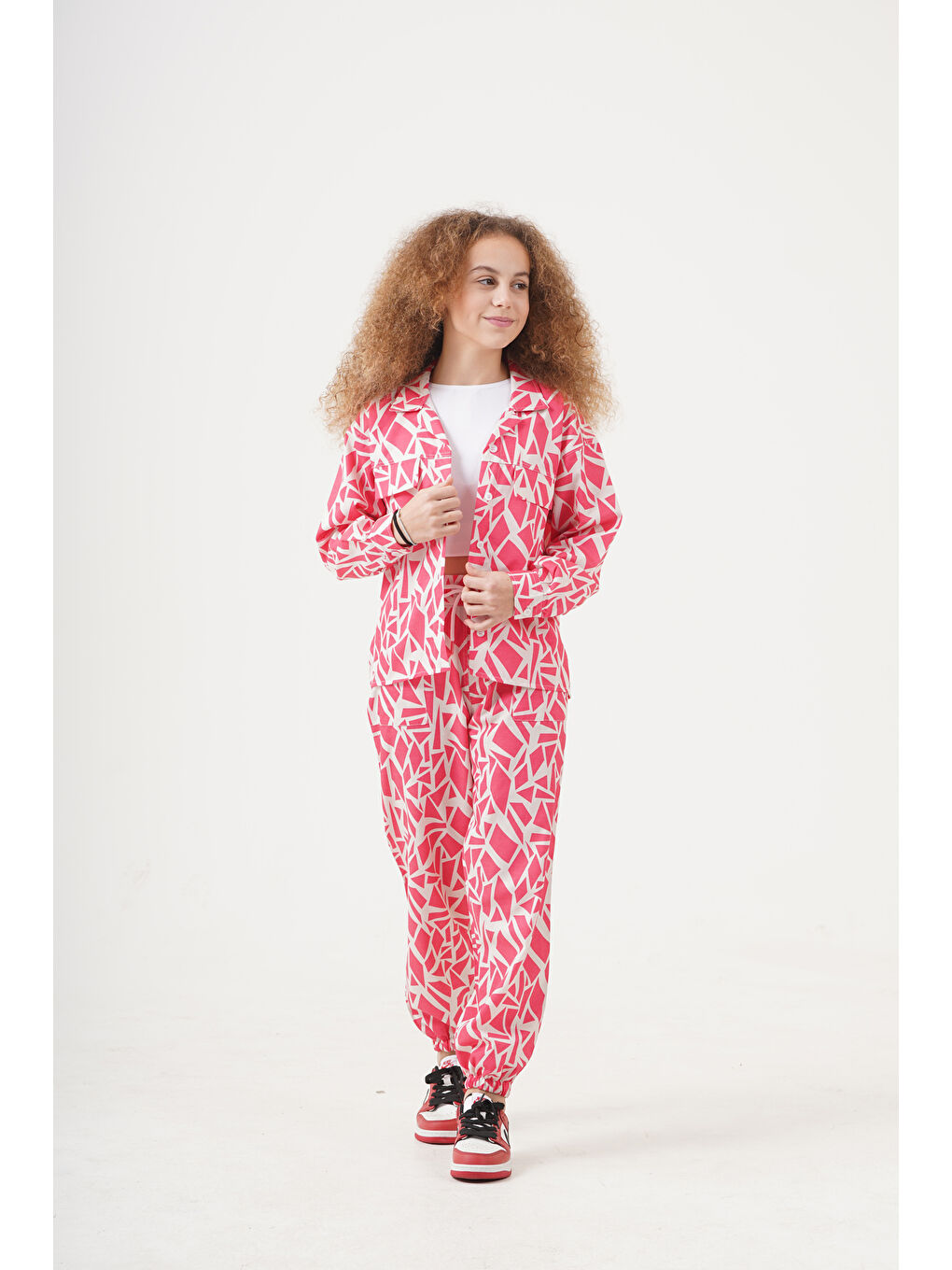 Fuşya Kız Çocuk Rotasyon Desenli Alt-Üst Takım (Jogger Pantolon+Gömlek) P1019-3