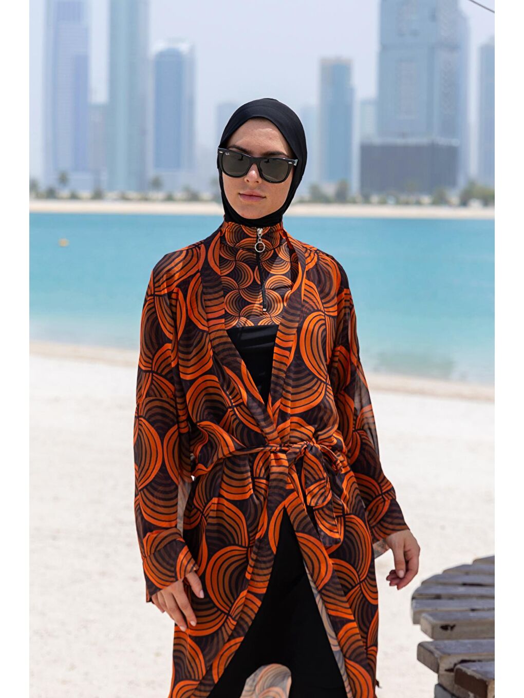 Turuncu Tesettür Mayo Üzerine Tek Kaftan Kimono Pareo RP015 Retro