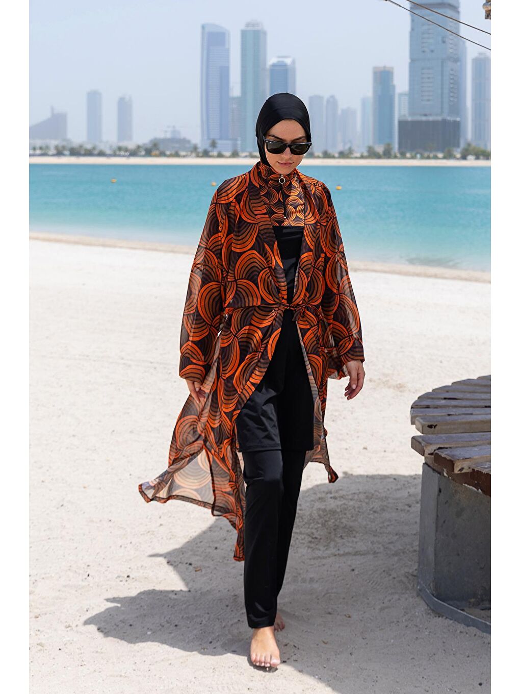 Turuncu Tesettür Mayo Üzerine Tek Kaftan Kimono Pareo RP015 Retro-1