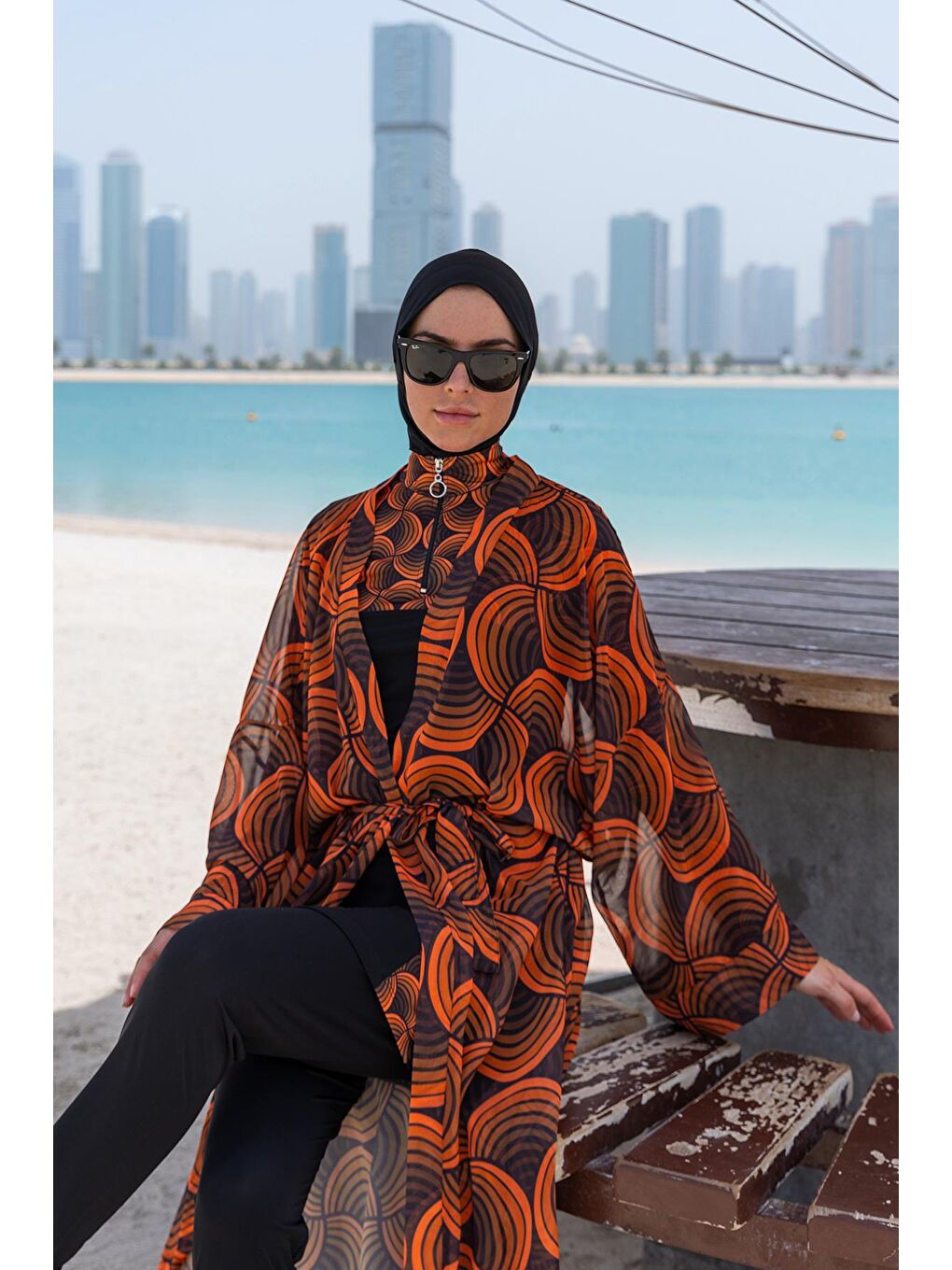 Turuncu Tesettür Mayo Üzerine Tek Kaftan Kimono Pareo RP015 Retro-2