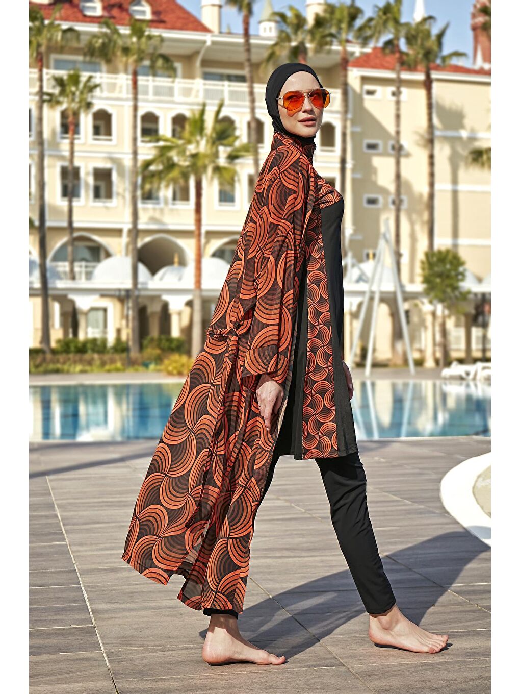 Turuncu Tesettür Mayo Üzerine Tek Kaftan Kimono Pareo RP015 Retro-3