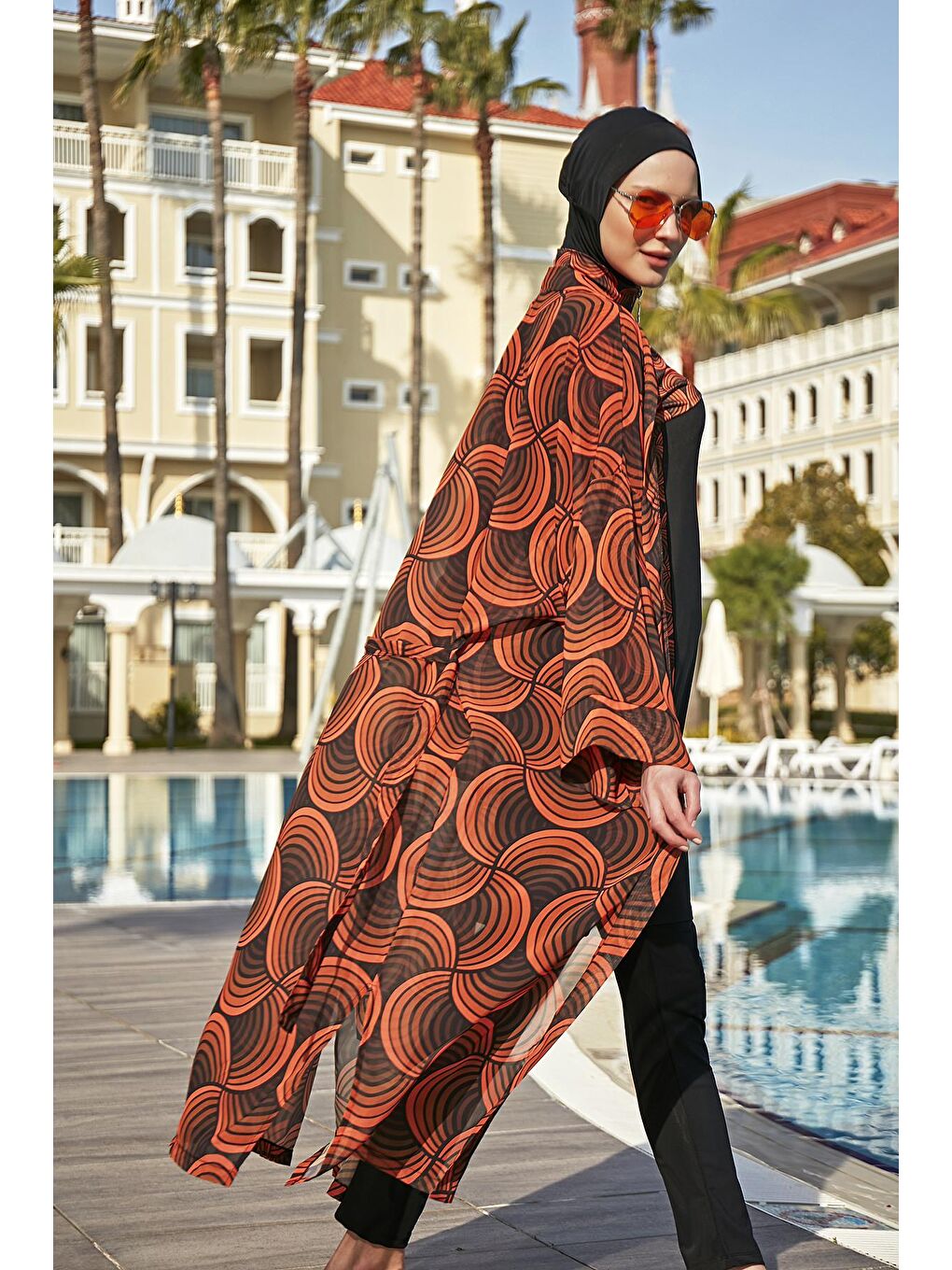 Turuncu Tesettür Mayo Üzerine Tek Kaftan Kimono Pareo RP015 Retro-4