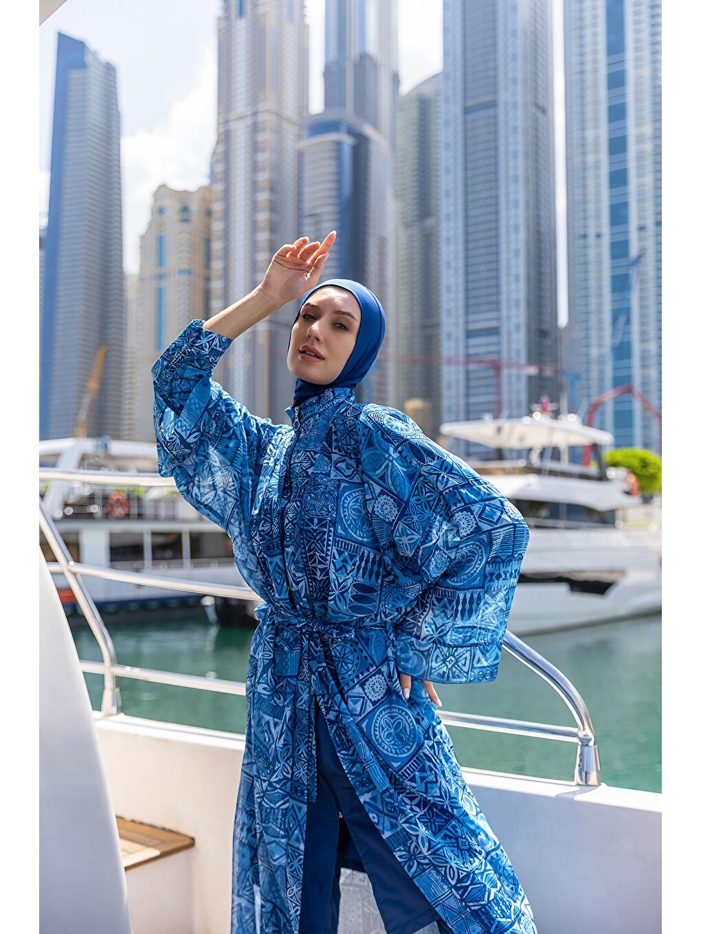 Mavi Tesettür Mayo Üzerine Tek Kaftan Kimono Pareo RP012 Rabia